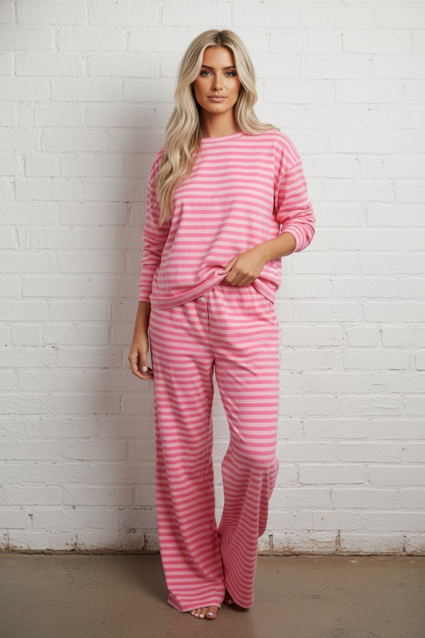 Stripe Drop Shoulder Top &amp; Buttoned Pants Set