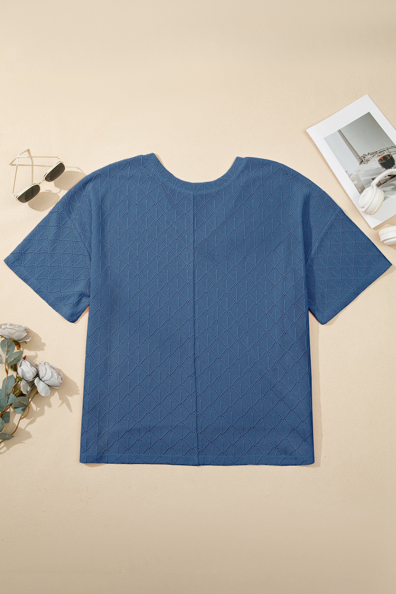 Plus Size Rhombus Pointelle Knit V-Neck Top