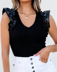 Aniyah Ruffle Patchwork Ribbed V Neck Bodysuit