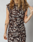 Abstract Mesh Cowl Neck Ruched Slit Midi Dress