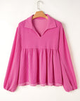 Corded V-Neck Bubble Sleeve Babydoll Blouse