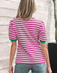 Stripe Contrast Trim Short Puff Sleeve Tee