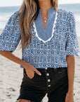 Alayah Floral Striped Ric-rac Puff Sleeve Top