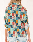 Floral Patchwork Long Sleeve Collared V-Neck Blouse