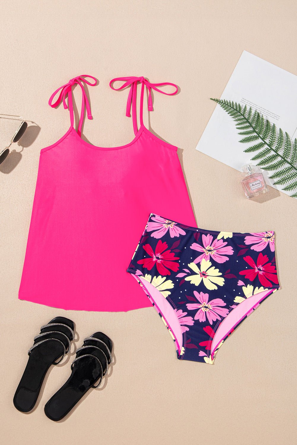 Solid Tie Strap Top &amp; Floral Bottom Tankini Set