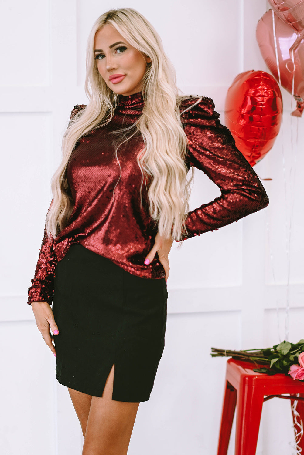 Solid Sequin Mock Neck Long Sleeve Top