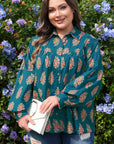 Plus Size Floral Lace Trim Pleated Buttoned Shirt
