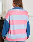 Blue Stripe Colorblock Patchwork Zip up Plus Size Pullover