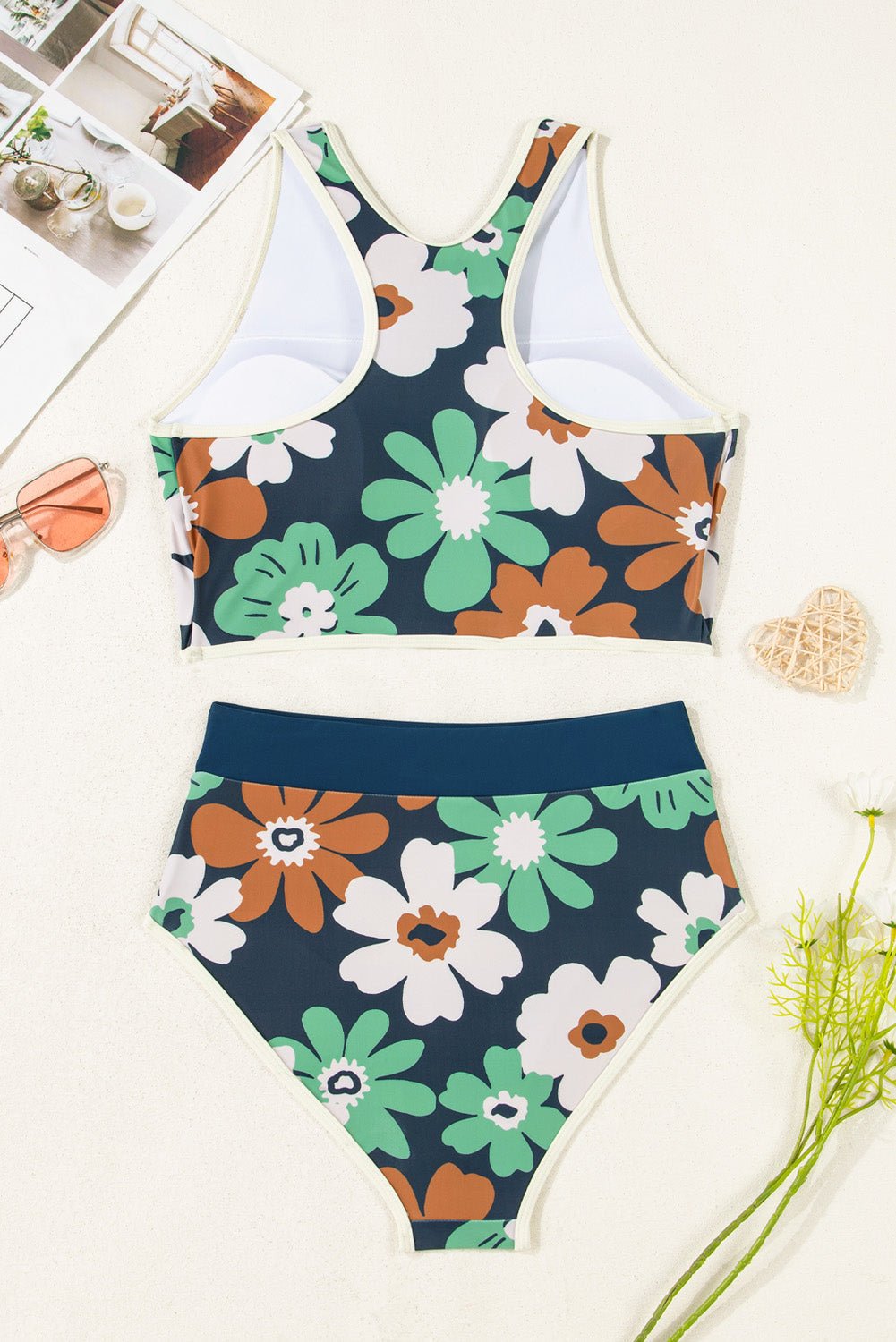 Flower Zip-Up Racerback Top &amp; High Waist Bikini Set