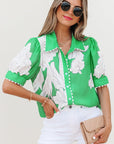 Floral Ricrac Trim Puff Sleeve Buttoned Shirt