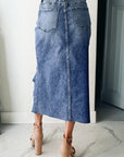 Denim Asymmetrical Distressed Midi Skirt