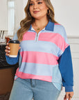 Plus Size Stripe Colorblock Patchwork Half-Zip Top