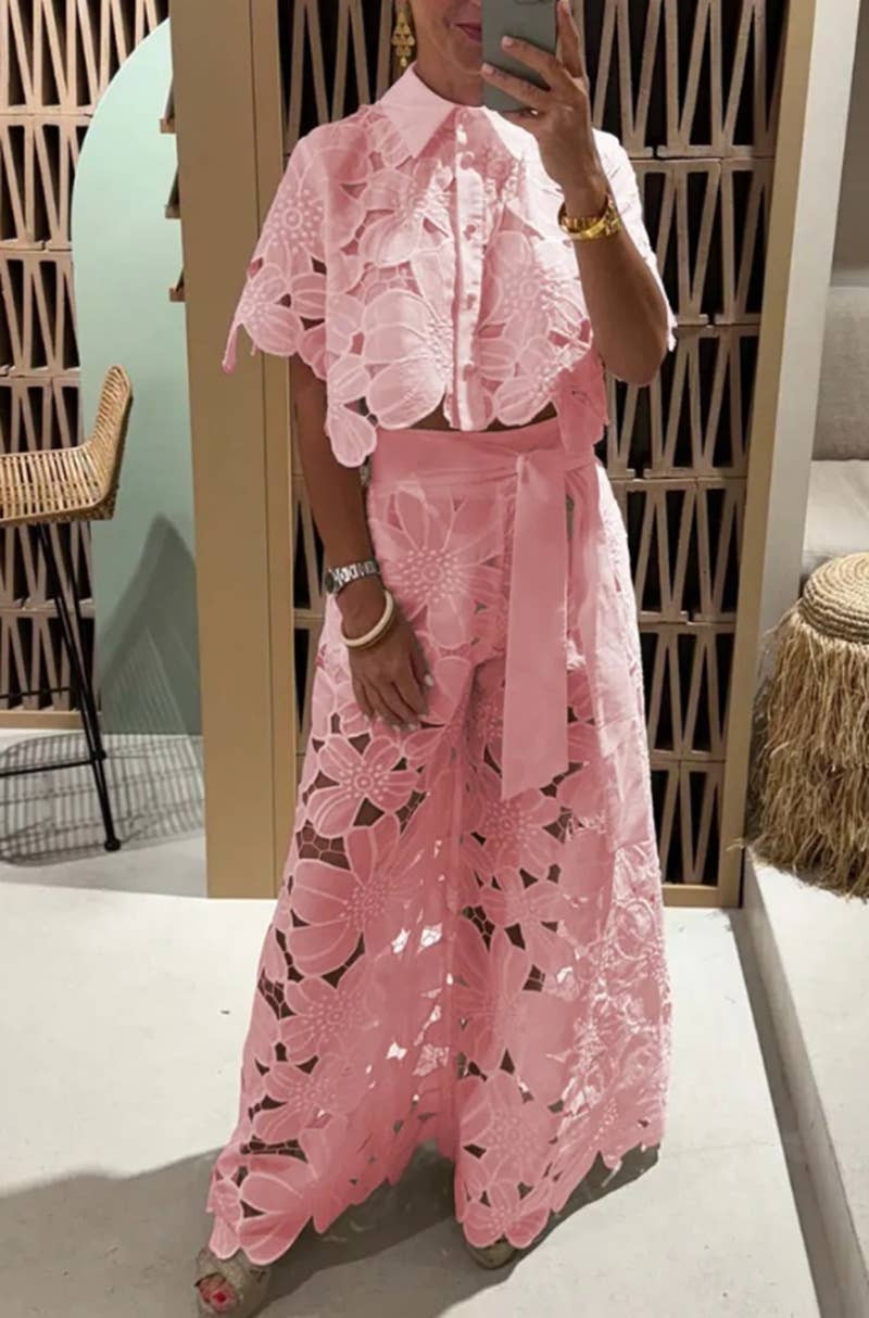 Crochet Floral Lace Button-down shirts &amp; wide leg pant set