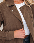 Solid Corduroy Lapel Collar Zip-Up Buttoned Jacket