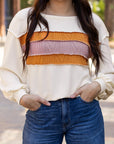 Corded Knit Reverse Seam Patchwork Drop Sleeve Top
