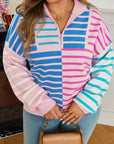 Plus Size Stripe Colorblock Half Zip Sweater