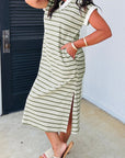 Stripe Collared V-Neck Short Sleeve Midi Dress