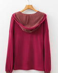 Waffle Patchwork Drop Shoulder Long Sleeve Hooded Top