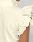 Solid Zip-Up Collared Ruffle Short Sleeve Blouse