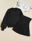 Solid High Neck Sweater and Pleated Mini Skirt Set