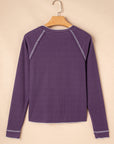 Solid Waffle Knit Round Neck Long Sleeve Top