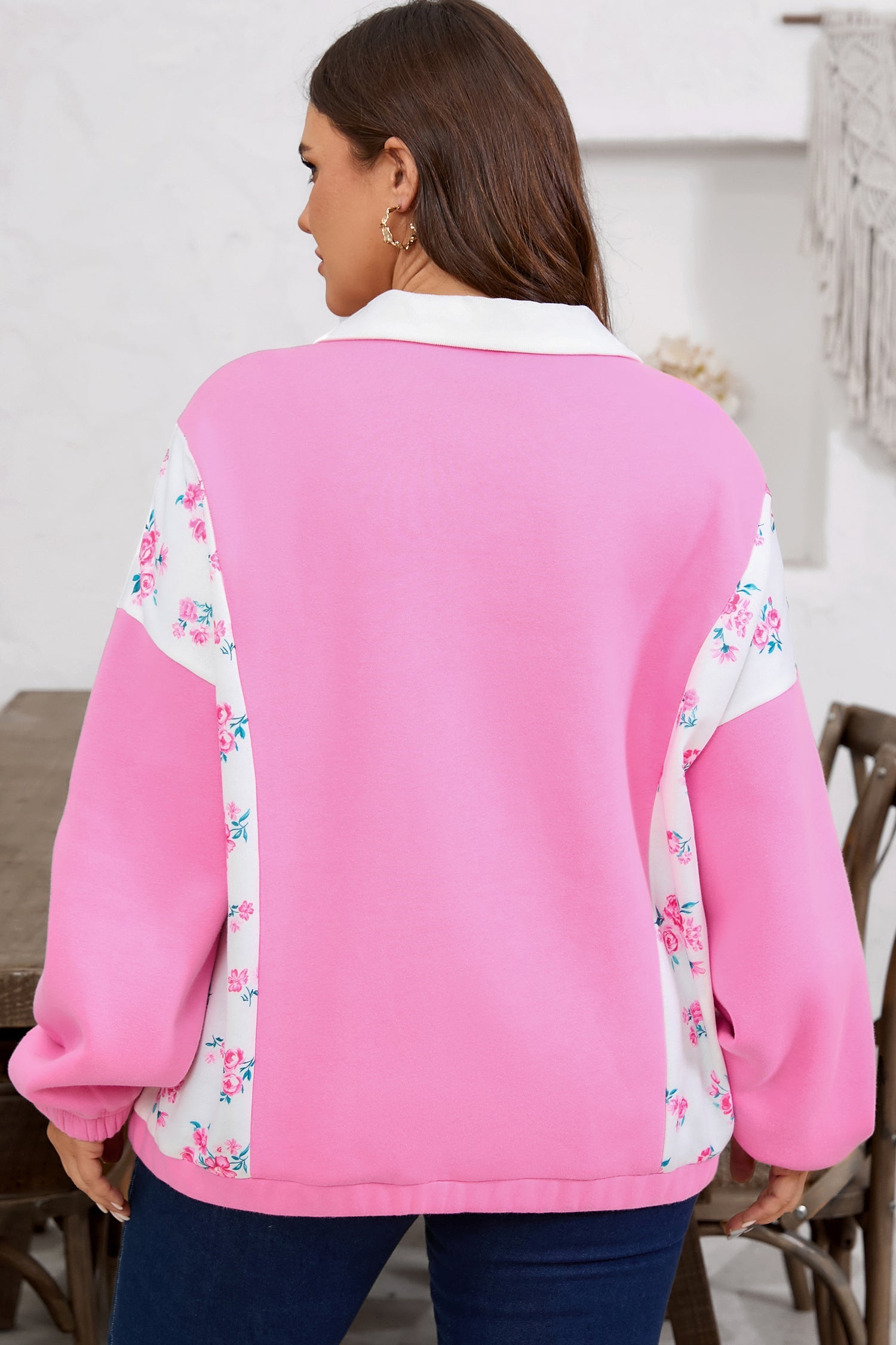Plus Size Floral Patchwork Elastic Cuff Top