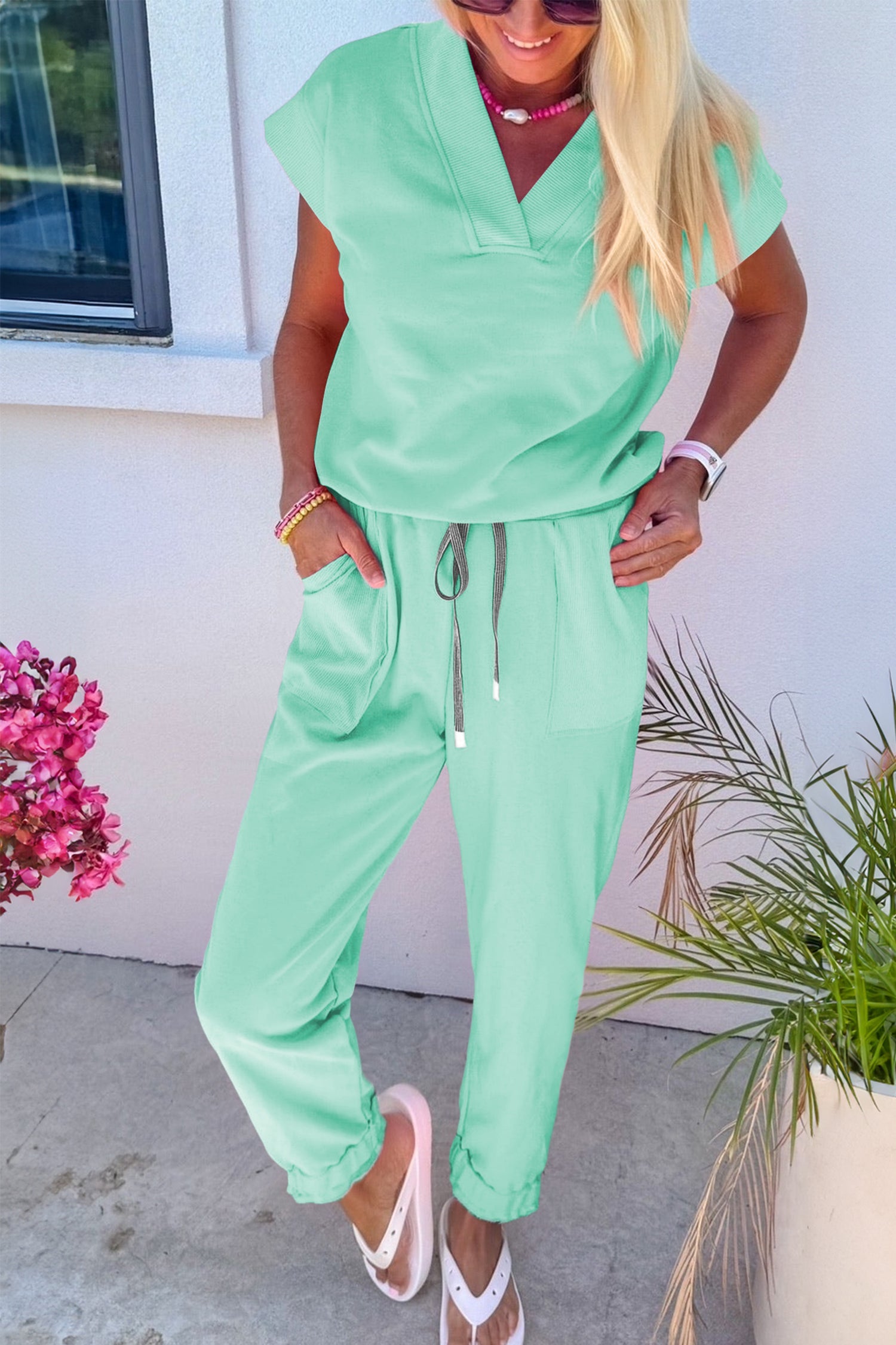 Solid V-Neck Tee and Drawstring Pants Set