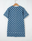 Checker Denim Frayed Hem Mini Dress