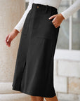 Solid High Waist Front-Slit Midi Skirt