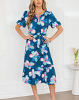 Floral Short Puff Sleeve Ruffle Belted Midi Dress