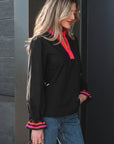 Stripe Trim Ruffle Split Neck Long Sleeve Blouse