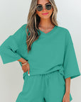 Solid Loose V-Neck Tee & Drawstring Shorts Set