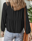 Solid Smocked Split V-Neck Buttoned Blouse