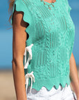 Pointelle Knit Scallop Trim Short Sleeve Sweater