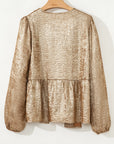 Metallic Tied Front Long Sleeve Babydoll Blouse