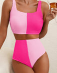 Colorblock Corded Top & High Waist Bikini Set