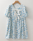 Floral Contrast Bow Puff Sleeve Mini Dress