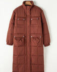 Solid Quilted Stand-Neck Zip-Up Buttoned  Puffer Coat