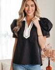 Colorblock Ricrac Trim Collared Short Sleeve Blouse