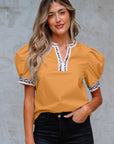 Leopard Contrast Trim Split Neck Puff Sleeve Blouse