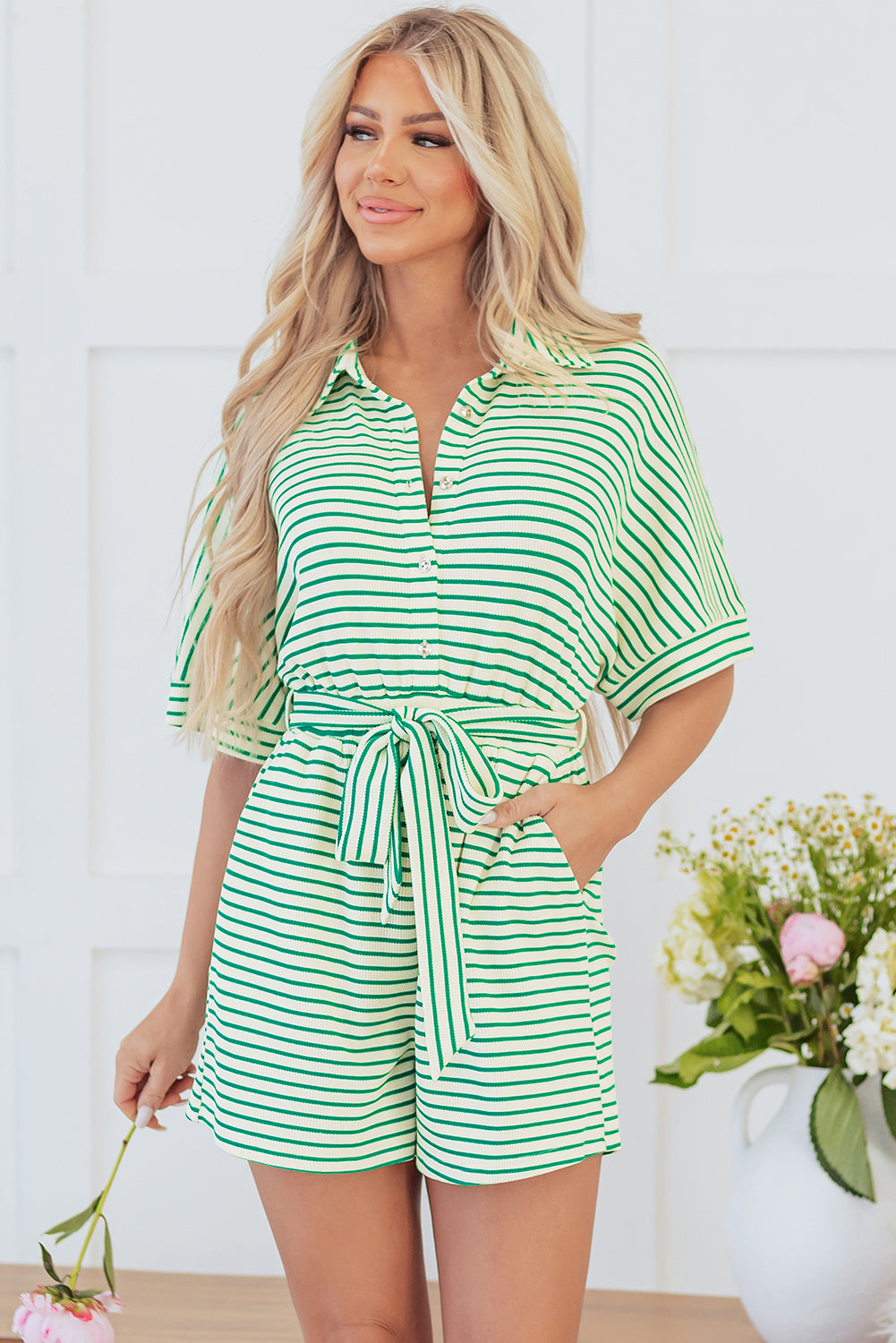 Annabelle Stripe Buttoned &amp; Tie Romper