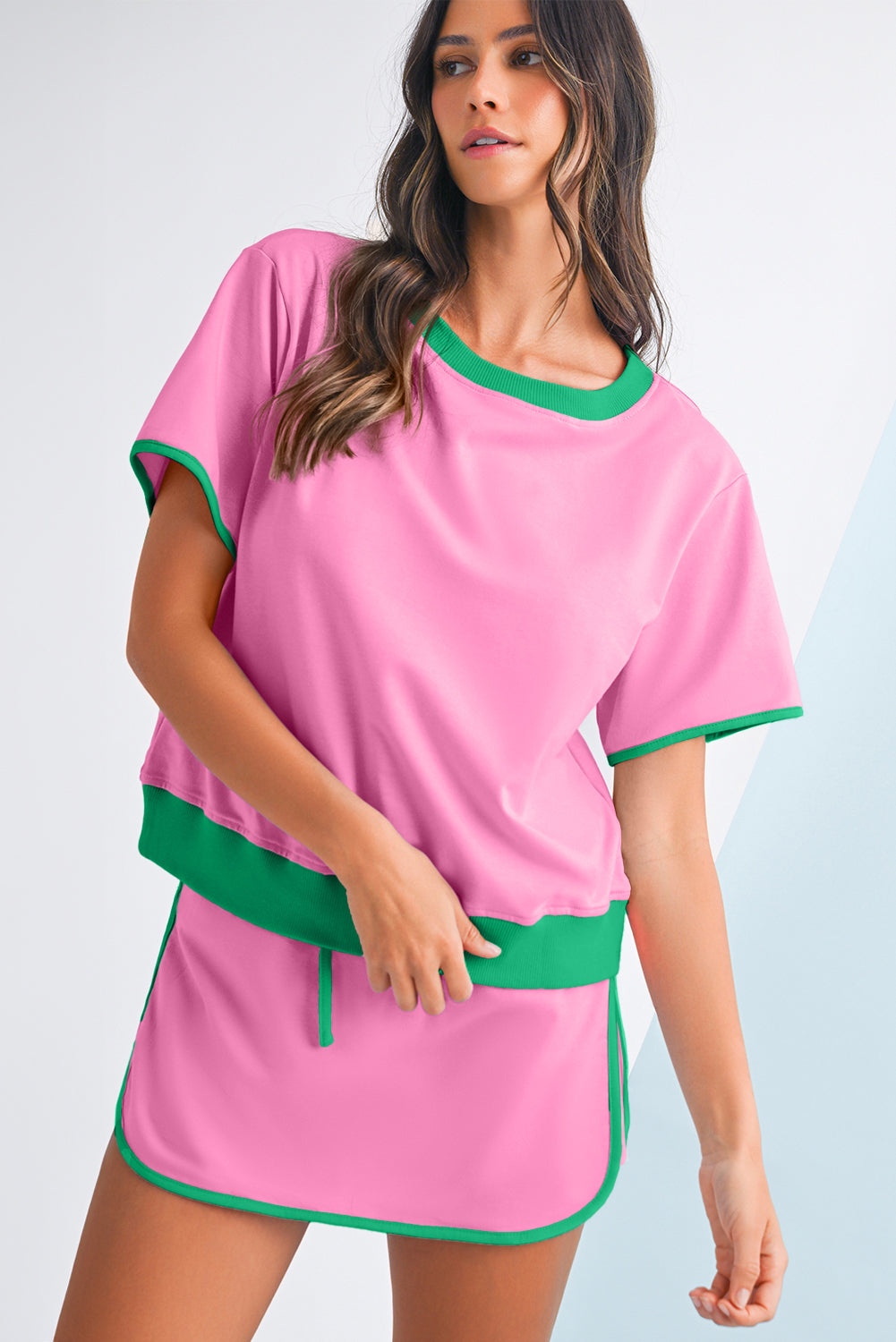 Colorblock Edge Drop Shoulder T Shirt and Skort Set