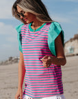 Adrianna Stripe Ruffled Sleeve Crew Neck Blouse