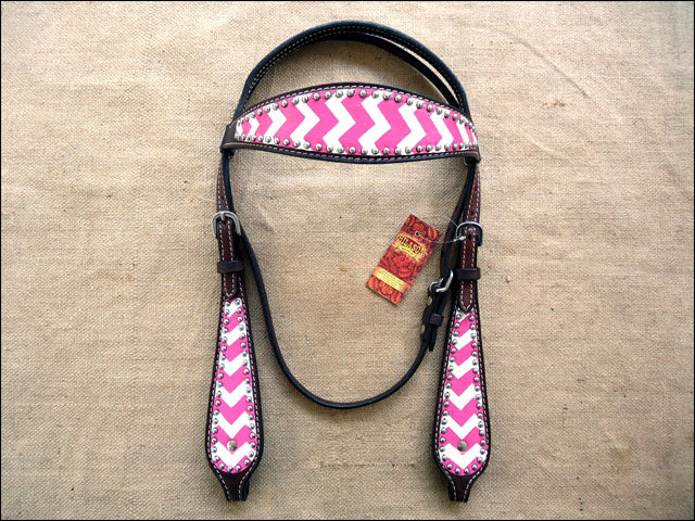 HILASON Western Horse Genuine Leather Headstall &amp; Breast Collar Set Pink Zigzag