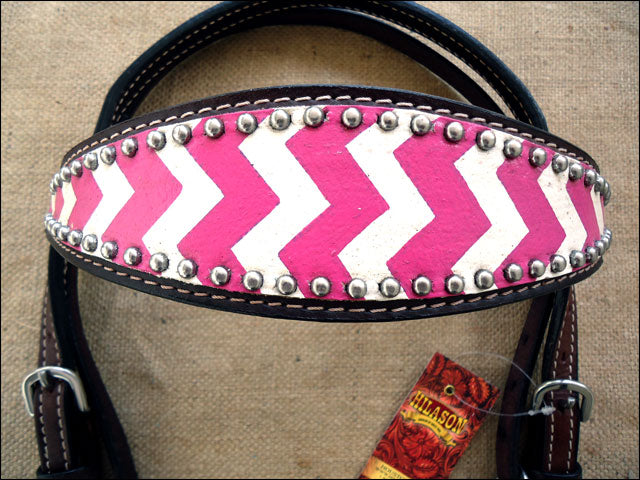 HILASON Western Horse Genuine Leather Headstall &amp; Breast Collar Set Pink Zigzag
