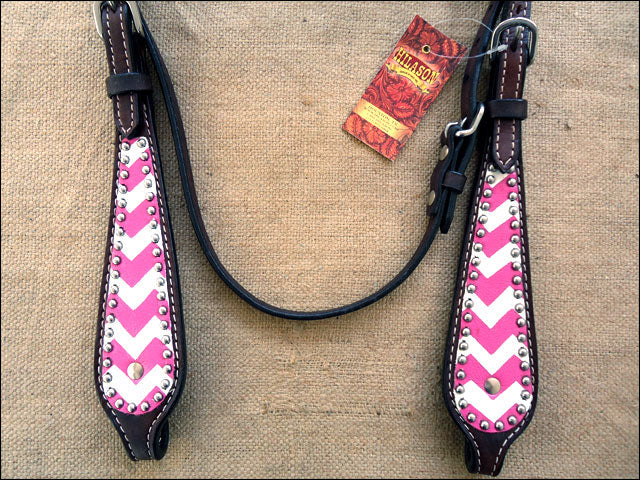 HILASON Western Horse Genuine Leather Headstall &amp; Breast Collar Set Pink Zigzag