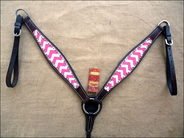 HILASON Western Horse Genuine Leather Headstall &amp; Breast Collar Set Pink Zigzag