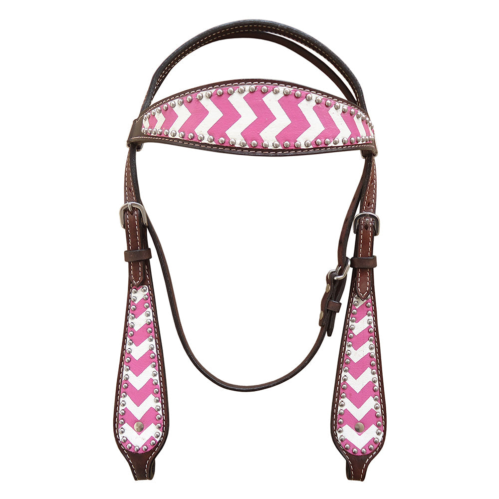 HILASON Western Horse Genuine Leather Headstall &amp; Breast Collar Set Pink Zigzag