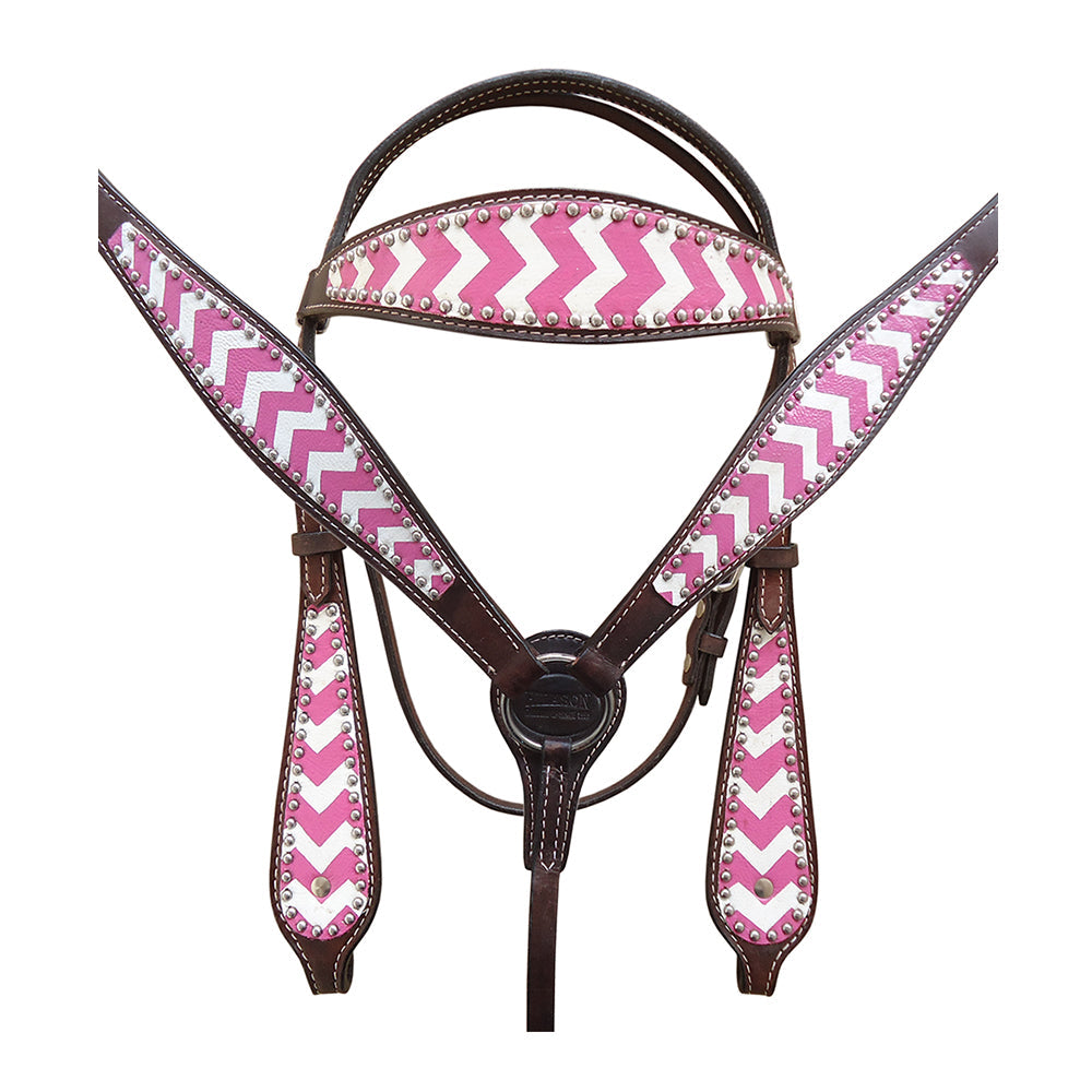 HILASON Western Horse Genuine Leather Headstall &amp; Breast Collar Set Pink Zigzag