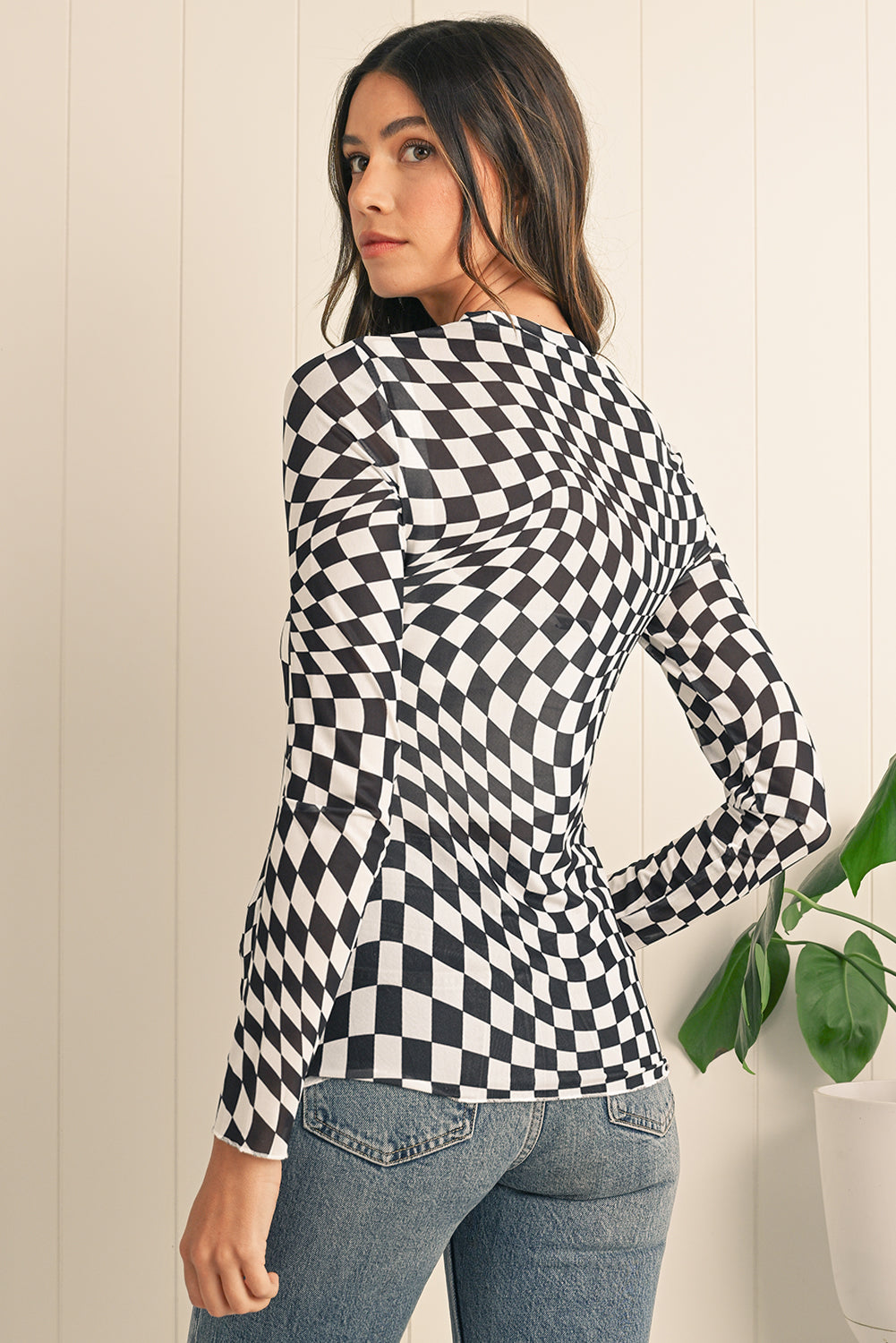 Checkered Pattern Mesh Long Sleeve Top